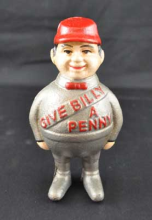 GIVE BILLY A PENNY COIN BANK RED CAST IRON