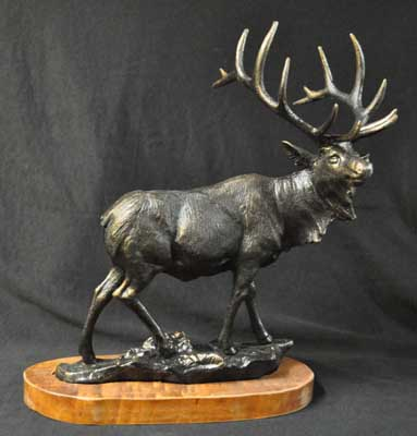 LARGE ELK ON WOOD BASE CAST IRON E