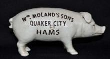 PIG BANK STANDING CAST IRON WM MOLANDER'S SONS QUAKER CITY HAMS