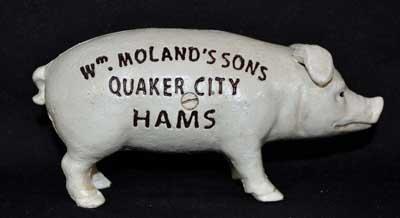 PIG BANK STANDING CAST IRON WM MOLANDER'S SONS QUAKER CITY HAMS