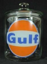 GULF CLEAR GLASS COUNTER JAR GASOLINE FILLING STATION HOME OFFICE DECOR