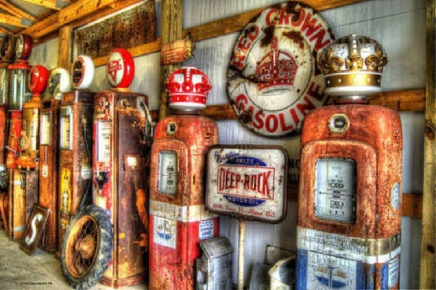 Rustic Gas Pumps Red & Gold Crown Heavy Metal 11 x 17