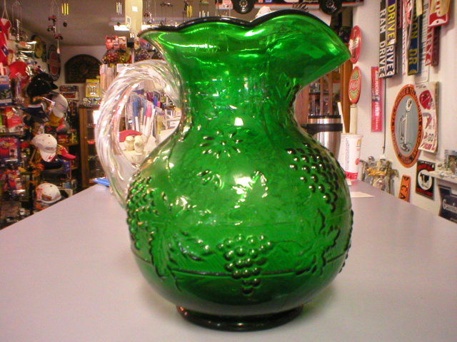 LARGE HUNTER GREEN GRAPE & FLORAL PITCHER CLEAR HANDLE
