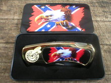 EAGLE WITH REBEL FLAG POCKET KNIFE COLLECTOR TIN BOX E