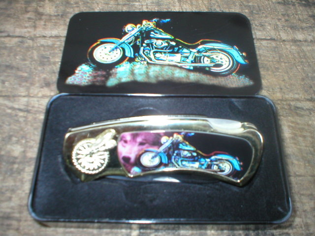 MOTORCYCLE POCKET KNIFE IN COLLECTOR TIN BOX M