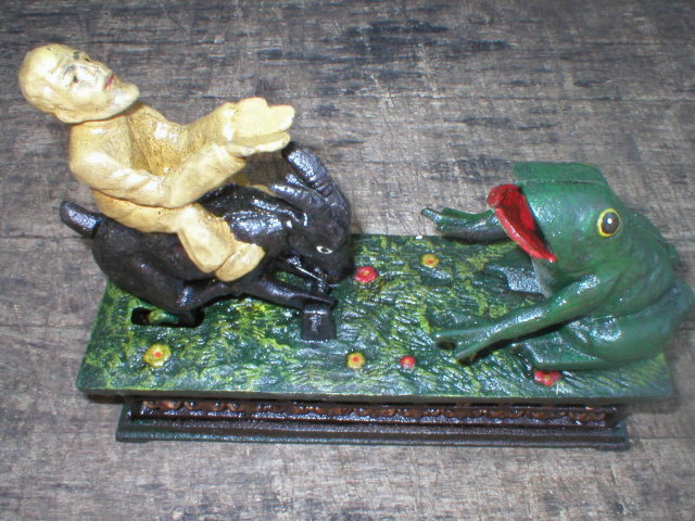 FROG & MAN RIDING GOAT MECHANICAL BANK