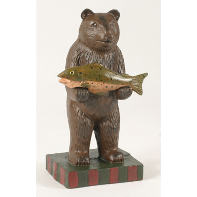CAST IRON STANDING BEAR HOLDING FISH STATUE DOORSTOP D