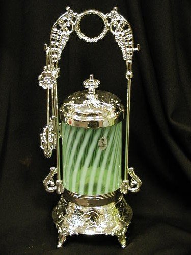 GREEN OPAL GLASS SPIRAL PICKLE CASTOR ORNATE PICKLE CASTORS