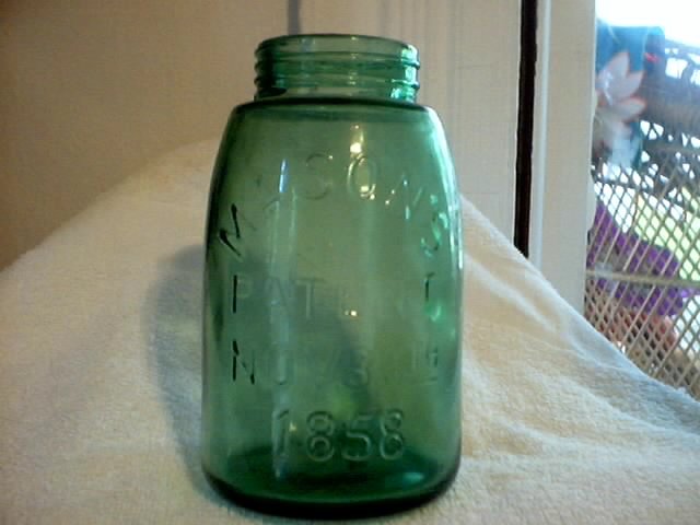 FRUIT CANNING JAR LIGHT GREEN MASON'S PATENT 1858