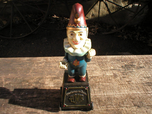 PUNCH CIGAR 5 CENTS BANK PULL TOY CAST IRON
