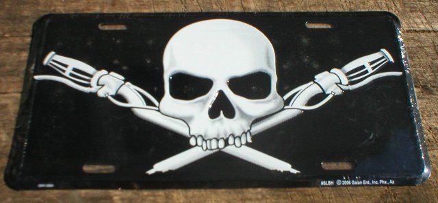 SKULL HANDLEBARS LICENSE PLATE SIGN METAL ADV AD SIGNS