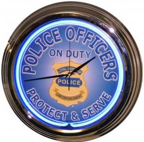 POLICE OFFICERS BLUE NEON CLOCK SIGN CHROME RETRO SIGNS
