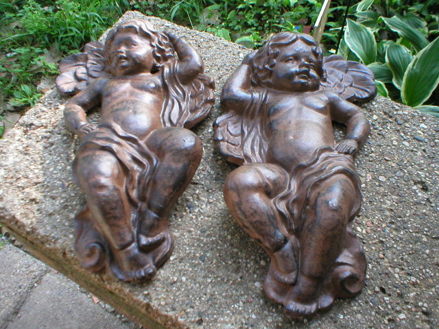 TWO CAST IRON HANGING WALL ANGELS IRONWARE DECOR A