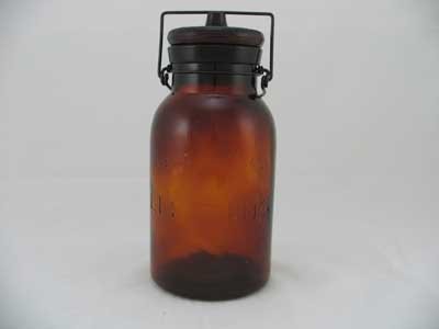 AMBER FRUIT JAR DEPRESSION STYLE GLASSWARE BALE LID