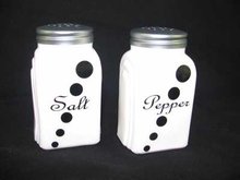ONE SET MILK GLASS ARCH BLACK DOT SALT & PEPPER SHAKERS M