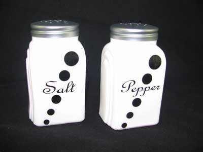 ONE SET MILK GLASS ARCH BLACK DOT SALT & PEPPER SHAKERS M
