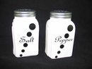 ONE SET MILK GLASS ARCH BLACK DOT SALT & PEPPER SHAKERS M