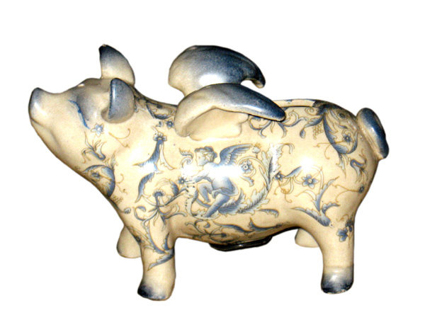 HAND PAINTED PORCELAIN DECORATIVE FLYING PIG BANK F
