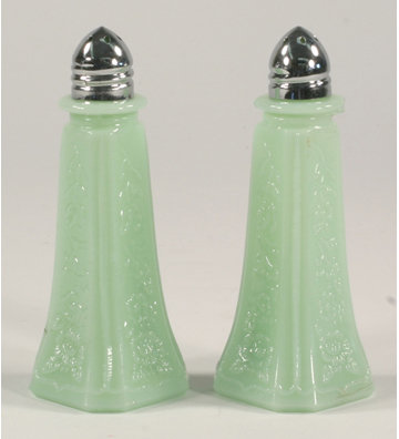 ONE SET JADE JADEITE GLASS TALL SALT & PEPPER SHAKERS J