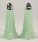 ONE SET JADE JADEITE GLASS TALL SALT & PEPPER SHAKERS J
