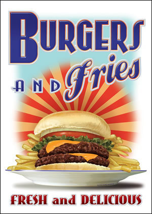 BURGERS & FRIES TIN SIGN METAL ADV SIGNS B