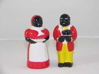 ONE SET COLORFUL BLACK AMERICANA PORCELAIN SALT PEPPERS
