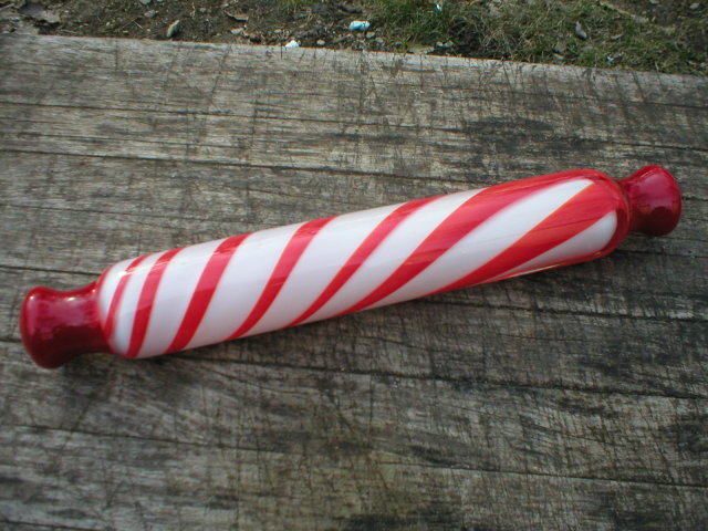 HAND MADE GLASS ROLLING PIN WHITE w/RED SWIRLS