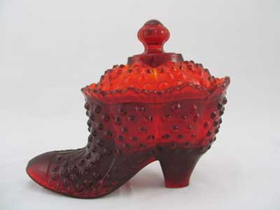 RED HOBNAIL GLASS SHOE DISH w/LID R