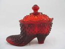 RED HOBNAIL GLASS SHOE DISH w/LID R