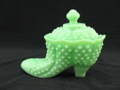 JADITE JADEITE GLASS HOBNAIL SHOE DISH WITH LID