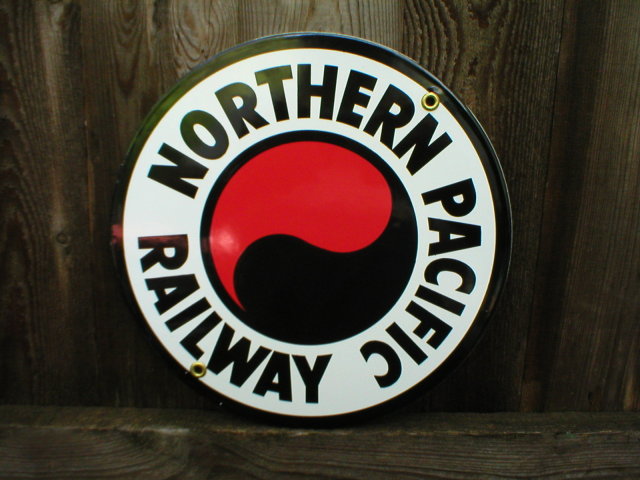 NORTHERN PACIFIC RAILWAY PORCELAIN-COATED RAILROAD ADV SIGN S