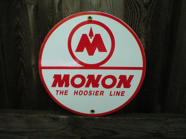 MONAN THE HOOSIER LINE PORCELAIN-COATED RAILROAD SIGN A