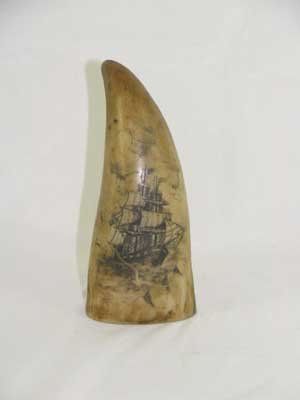 SMALL RESIN SCRIMSHAW TOOTH SAILING SHIP