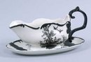 PORCELAIN ROOSTER COUNTRY SCENE GRAVY BOAT COLLECTOR GLASS L