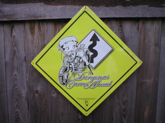 BETTY BOOP DANGEROUS CURVES AHEAD SIGN MOTORCYCLE SIGNS