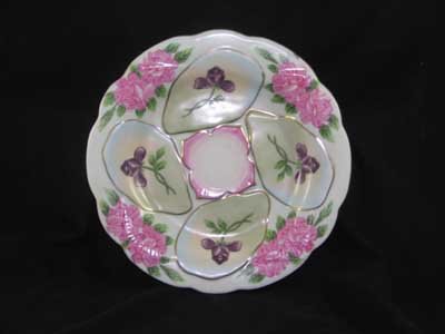 PORCELAIN OYSTER PLATE PURPLE FLOWER WELLS O
