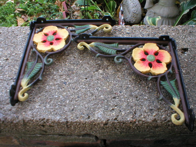 ONE PAIR CAST IRON HAND PAINTED FLOWER SHELF BRACKETS