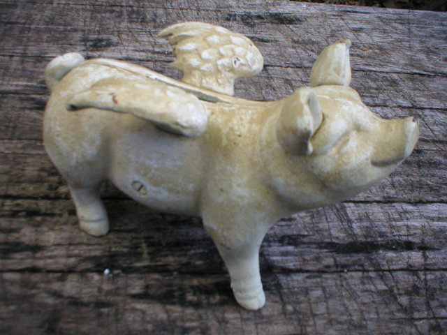 CAST IRON WHITE PIG WITH WINGS COLLECTIBLE HOG PIGS P
