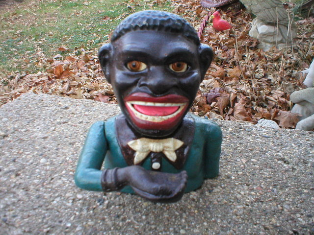 BLACK MAN WITHOUT HAT MECHANICAL BANK CAST IRON BANKS J