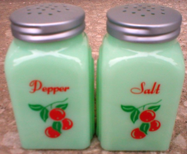 CHERRIES ARCH SALT PEPPER SHAKERS JADE JADITE JADEITE