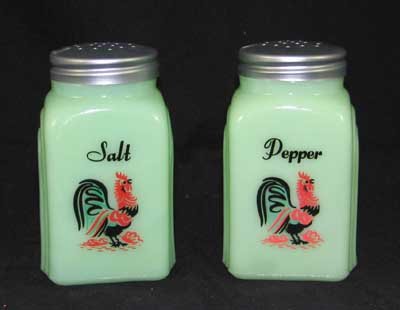 JADE JADITE JADEITE ROOSTER ARCH SALT PEPPER SHAKERS