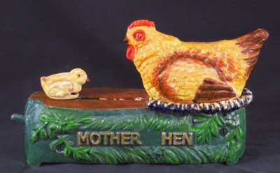 HEN CHICK MECHANICAL COIN BANK IRONWARE DECOR H