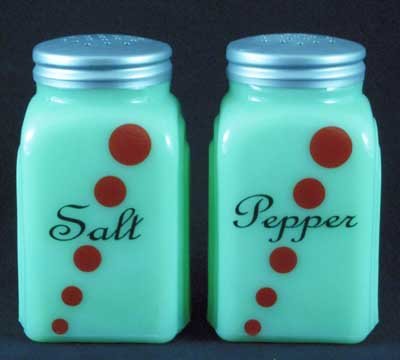 RED DOTS ARCH SALT PEPPER SHAKERS JADE JADITE JADEITE