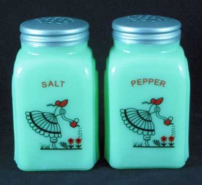 GIRL WATERING ARCH SALT PEPPER SHAKERS JADE JADITE JADEITE