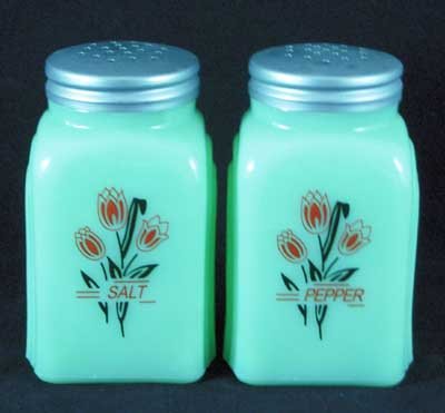 TULIPS ARCH SALT PEPPER SHAKERS JADE JADITE JADEITE