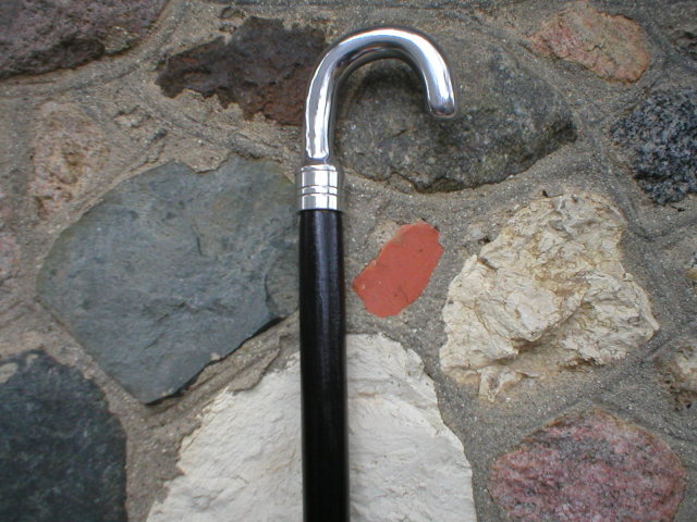 SILVER HANDLE WOOD CANE WALKING STICK CAST ALUMINUM