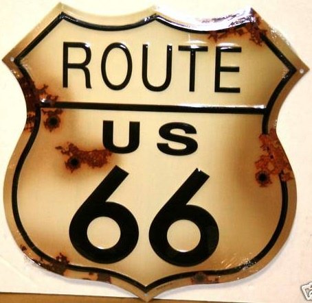 US ROUTE 66 TIN METAL SIGN BULLET HOLES