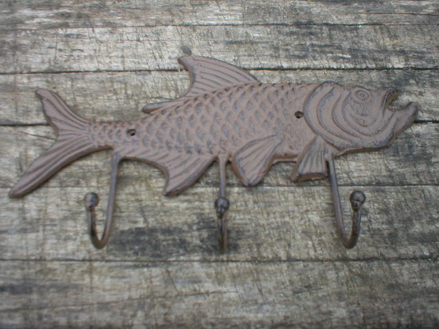 FISH 3 HOOK COATRACK WALL HANGER CAST IRON