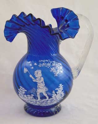 COBALT GLASS PITCHER GIRL BUTTERFLY DESIGN