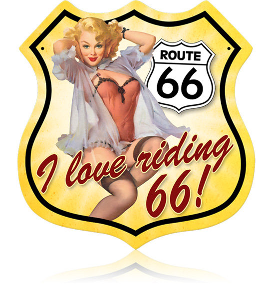 ROUTE 66 PINUP GIRL RIDING 66 METAL SIGN